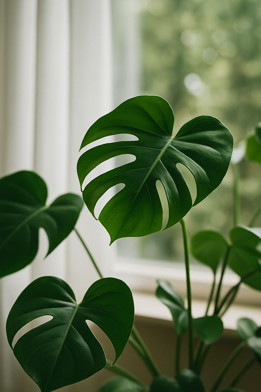 Monstera plant met glanzende bladeren in zacht daglicht voor een raam, symbool voor verbeterde fotosynthese bij weinig licht